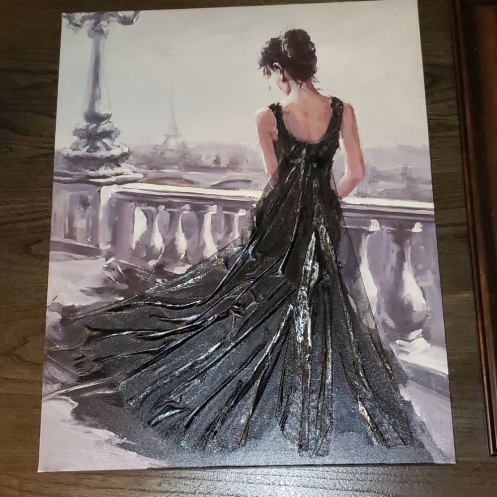 New Canvas Oil Painting on Canvas 3D Tulle Black Dress Balcony Lady in Waiting